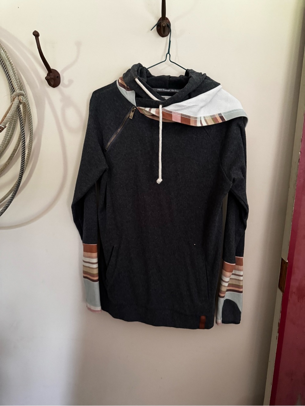 AMPERSAND AVE Charcoal Hoodie with Striped Trim